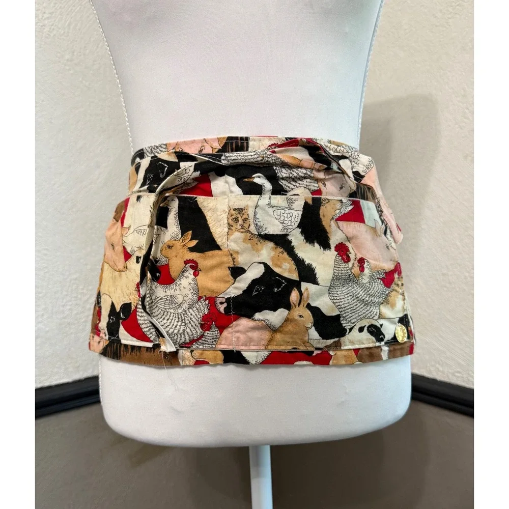 Shiny Penny Farm Animal Print Waist Apron Pockets Cow Chicken Pig Cat Handmade